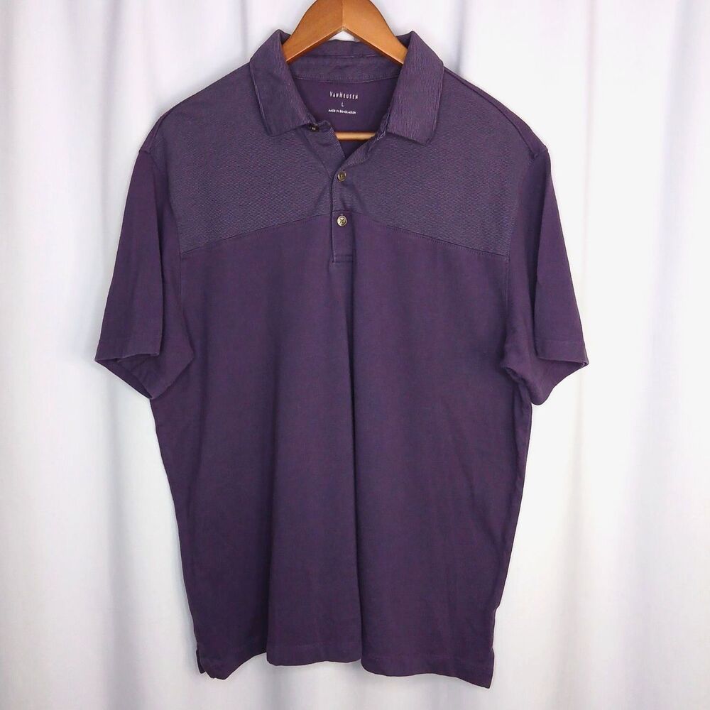 Van Heusen Short Sleeve Polo Shirt Pullover Golf Top 3 Button Purple Mens Large